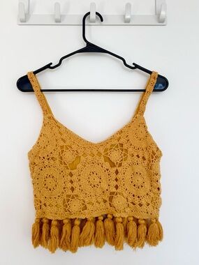 LULUS Mustard Crochet Tassel Cami Top Size S